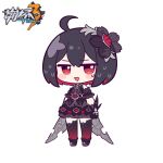  1girl :d bangs bare_shoulders black_dress black_gloves blush_stickers chibi dress eta full_body gloves honkai_(series) honkai_impact_3rd looking_at_viewer official_art open_mouth red_eyes red_footwear red_hair red_legwear seele_(alter_ego) seele_vollerei seele_vollerei_(stygian_nymph) short_hair simple_background smile solo sweatdrop thighhighs white_background 
