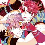  alternate_hairstyle battle_tendency caesar_anthonio_zeppeli candy chocolate covering_one_eye feather_hair_ornament feathers fingerless_gloves food gloves hair_ornament heart heart-shaped_chocolate highres holding holding_heart jojo_no_kimyou_na_bouken joseph_joestar joseph_joestar_(young) nail_polish nigelungdayo purple_hair red_hair scarf spiked_hair striped striped_scarf triangle_print 