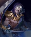  1boy bare_pectorals belt biceps chlamys cloak dark_background fog from_above gauntlets gorget greek_clothes hades_(game) highres holding holding_weapon hood hood_up hooded_cloak looking_at_viewer male_focus muscular muscular_male one-shoulder_tunic pectorals perspective qwt233 scythe single_bare_shoulder single_gauntlet solo thanatos_(hades) weapon white_hair wrist_cuffs 