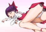  1girl all_fours ankle_ribbon ass bangs blunt_bangs bow cameltoe cat_girl dress feet_out_of_frame fingernails gegege_no_kitarou gradient gradient_background hair_bow katou_haruaki light_blush long_fingernails long_sleeves looking_at_viewer looking_back nekomusume nekomusume_(gegege_no_kitarou_6) open_mouth panties pantyshot paw_pose pinafore_dress pleated_dress pointy_ears polka_dot polka_dot_panties purple_hair red_bow red_dress red_ribbon ribbon shirt short_dress short_hair solo thighs tied_hair tongue underwear white_panties white_shirt yellow_eyes 