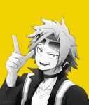  1boy artist_name boku_no_hero_academia choker chrispplus costume eyewear_on_head finger_gun grin hair_ornament head headphones highres jacket kaminari_denki looking_at_viewer male_focus monochrome open_mouth portrait shirt short_hair smile solo sunglasses teeth yellow_background 