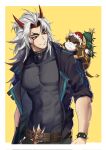  1boy abs arataki_itto aussummer belt belt_buckle body_markings bodysuit bracelet buckle character_request choker christmas_tree genshin_impact groin hat highres hip_bones horns jacket jewelry large_pectorals long_hair male_focus muscular oni oni_horns pectorals red_horns santa_hat sleeves_rolled_up spiked_bracelet spikes wristband yellow_background 