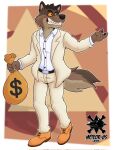  2021 anthro bag border bottomwear canid canine canis clothing currency_symbol dollar_sign dreamworks footwear fur hi_res male mammal meteorzerofive money_bag mr._wolf_(the_bad_guys) pants plantigrade sharp_teeth shoes solo suit symbol teeth the_bad_guys white_border wolf 