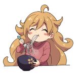  1girl :t ^_^ ahoge amaama_to_inazuma asada_hachi bangs banned_artist blonde_hair blush_stickers bowl child closed_eyes commentary dot_nose eating eyebrows_visible_through_hair facing_viewer food fork hand_up happy highres holding holding_bowl holding_fork inuzuka_tsumugi long_hair long_sleeves noodles red_shirt shiny shiny_hair shirt simple_background solo twitter_username upper_body very_long_hair watermark white_background 