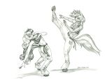  anthro baron_engel belt bonbon_(mlp) bottomwear bra breasts capoeira clothing dodging duo earth_pony equid equine eyebrows female friendship_is_magic graphite_(artwork) greyscale hair hooves horn horse kick long_hair lyra_heartstrings_(mlp) mammal midriff monochrome my_little_pony navel pants pencil_(artwork) pony sports_bra traditional_media_(artwork) underwear unicorn 