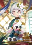  1girl bag bangs cooking elf flower food hair_flower hair_ornament handbag hmk84 holding holding_food indoors kokkoro_(princess_connect!) looking_at_viewer onigiri open_mouth plate pointy_ears princess_connect! short_hair silver_hair smile solo sunlight table window 
