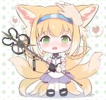  1girl :d animal_ear_fluff animal_ears apron arknights bare_shoulders black_footwear black_gloves blonde_hair blue_hairband blush braid chibi commentary_request disembodied_limb fox_ears fox_girl fox_tail full_body gloves green_eyes hair_rings hairband headpat heart highres holding holding_staff kyuubi multicolored_hair multiple_tails pantyhose pleated_skirt purple_skirt rebaa shirt shoes single_glove skirt smile solo_focus spoken_heart staff suzuran_(arknights) tail twin_braids two-tone_hair waist_apron white_apron white_hair white_legwear white_shirt 