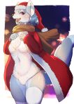  abstract_background anthro biped blue_hair blush border breasts brown_scarf canid canine canis cheek_tuft chest_tuft christmas christmas_clothing christmas_headwear clothing crotch_tuft dipstick_tail facial_tuft fangs featureless_breasts female fur grey_body grey_fur hair hat headgear headwear hi_res holidays inner_ear_fluff kemono mammal markings open_mouth portrait purple_eyes raaggu red_clothing red_topwear santa_hat scarf shaded short_hair solo standing tail_markings three-quarter_portrait tongue topwear tuft white_border wolf 