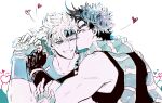  absurdres bare_shoulders battle_tendency blue_shirt blush caesar_anthonio_zeppeli facial_mark feather_hair_ornament feathers fingerless_gloves gloves green_eyes grin hair_ornament heart highres implied_kiss jojo_no_kimyou_na_bouken joseph_joestar joseph_joestar_(young) kiss kissing_cheek nigelungdayo one_eye_closed scarf shirt smile striped striped_scarf t-shirt triangle_print yaoi 