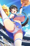  1girl arms_up black_hair blue_eyes breasts cheerleader crowd day highres huge_breasts inverted_nipples long_hair looking_at_viewer mole navel no_bra original panties pom_pom_(cheerleading) sakamata smile solo_focus stadium thighhighs underwear very_long_hair white_legwear white_panties 