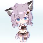  1girl ahoge animal_ear_fluff animal_ears arknights arm_behind_back bangs bare_shoulders barefoot bikini black_bikini blue_eyes blush_stickers chibi closed_mouth eyebrows_visible_through_hair fox_ears fox_girl fox_tail full_body grey_hair hair_between_eyes hair_ornament hairclip hand_up highres low_twintails navel rebaa see-through short_twintails solo standing sussurro_(arknights) swimsuit tail twintails 