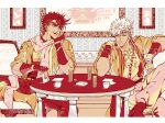  2boys battle_tendency caesar_anthonio_zeppeli crossed_legs cup facial_mark feather_hair_ornament feathers fingerless_gloves gloves hair_ornament headband highres jojo_no_kimyou_na_bouken joseph_joestar joseph_joestar_(young) male_focus multiple_boys nigelungdayo one_eye_closed poker_chip red_theme scarf teacup triangle_print 