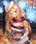  1girl aizawa_hikaru blonde_hair blue_eyes blurry blurry_foreground blush bokeh breasts christmas cleavage commentary_request cowboy_shot depth_of_field dress frilled_dress frills fur-trimmed_dress fur_hat fur_trim gift hair_ornament hairclip hat holding holding_gift long_hair medium_breasts outdoors plaid plaid_scarf red_scarf scarf shinia silverlight smile snowflakes solo ushanka white_dress white_headwear window 
