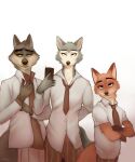  beastars canid canine canis cellphone clothing disney dreamworks fox fur grey_body grey_fur hi_res legoshi_(beastars) looking_at_viewer looking_away male mammal mr._wolf_(the_bad_guys) multicolored_body multicolored_fur necktie nick_wilde phone pose simple_background smartphone stripped_clothing the_bad_guys two_tone_body two_tone_fur uniform white_background wolf x4ash zootopia 