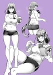  1girl absurdres ass barefoot blush bonz_(bonz0616) book breasts chips chocolate drinking feet food genshin_impact highres long_hair mole monochrome plump raiden_shogun short_shorts shorts soda sports_bra 