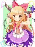  1girl arms_up bangs bare_shoulders blunt_bangs blush chain cowboy_shot highres horns ibuki_suika long_hair looking_at_viewer oni_horns open_mouth orange_eyes orange_hair simple_background solo sui_2977 torn_clothes touhou v-shaped_eyebrows very_long_hair wrist_cuffs 