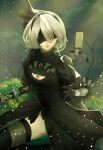  1girl absurdres android black_blindfold black_gloves blindfold bodysuit gloves hibarikyoya_namimori highres mole mole_under_mouth nier_(series) nier_automata pod_(nier_automata) robot sword thighhighs weapon white_hair yorha_no._2_type_b 