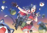  &gt;_&lt; 1girl animal_ears cat_ears cat_tail christmas explosive gloves grenade gun hat jpc m67 midriff original santa_costume santa_hat short_hair shorts sky smile star_(sky) starry_sky tail weapon 