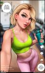  1girl absurdres aroma_sensei artist_name blonde_hair blue_eyes blurry blurry_background bottle breasts cleavage commentary covered_nipples depth_of_field english_commentary english_text eyebrow_piercing eyelashes green_sports_bra gwen_stacy gym hand_up heart highres holding holding_bottle leggings lips looking_at_viewer marvel medium_breasts musical_note nipple_piercing open_mouth outstretched_arm piercing pink_legwear plastic_bottle selfie short_hair solo speech_bubble spider-man_(series) sports_bra standing teeth upper_teeth web_address 