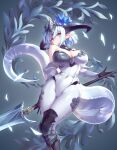 1girl alternate_breast_size alternate_costume blush breasts cleavage detached_sleeves dragon_girl dragon_horns dragon_tail gloves highres horns light_blue_hair navel pointy_ears polearm purple_eyes shadowverse short_hair solo spear tail watchdog_rol_(y1104280730) weapon whitefrost_dragonewt_filene 