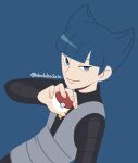  1boy bangs blue_background blue_eyes blue_hair blunt_bangs closed_mouth commentary_request hand_up holding holding_poke_ball looking_at_viewer male_focus momoji_(lobolobo2010) poke_ball poke_ball_(basic) pokemon pokemon_(game) pokemon_dppt saturn_(pokemon) short_hair simple_background smile solo team_galactic team_galactic_uniform twitter_username 