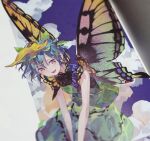  1girl bangs black_dress blue_hair blue_sky butterfly_wings cloud cloudy_sky comiket_95 dress eternity_larva eyebrows_visible_through_hair green_dress hair_between_eyes leaf leaf_on_head looking_to_the_side multicolored_clothes multicolored_dress multicolored_eyes open_mouth orange_eyes orange_sky purple_eyes sample shihou_(g-o-s) short_hair short_sleeves sky smile solo touhou traditional_media wings 