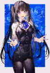  1girl absurdres ascot bangs black_hair black_legwear black_ribbon black_shirt black_shorts blue_ascot blue_background blue_eyes blue_nails blunt_bangs border breasts cleavage cowboy_shot double_v eyebrows_visible_through_hair hair_intakes highres kayahara long_hair looking_at_viewer nail_polish neck_ribbon nijisanji open_mouth pantyhose ribbon shirt shorts shrug_(clothing) solo standing tsukino_mito v very_long_hair virtual_youtuber white_border 