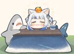  1girl :3 =_= animal_ears bangs blue_hair blunt_bangs blush_stickers cat_ears chibi closed_eyes commentary cup fish_tail food food_on_head fruit fruit_on_head gawr_gura hair_ornament highres hololive hololive_english kotatsu mandarin_orange multicolored_hair object_on_head romaji_commentary same_anko shark_tail smile solo steam streaked_hair stuffed_animal stuffed_shark stuffed_toy table tail two-tone_hair two_side_up virtual_youtuber white_hair 