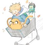  1boy 1other adventure_time animal_ears animal_hood backpack bag beemo blonde_hair blue_hoodie blush bmo dog fake_animal_ears falling_petals finn_the_human fujimachine_(clayten) game_console helmet hood hood_down hoodie in_shopping_cart jake_the_dog open_mouth petals shopping_cart short_hair simple_background smile two-tone_hoodie white_hoodie 