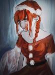  1girl @_@ arm_behind_back belt blood blood_on_face chainsaw_man christmas closed_mouth eyelashes fur-trimmed_headwear fur_trim hat highres long_eyelashes long_hair makima_(chainsaw_man) noroma02 pink_lips red_hair sack santa_hat solo yellow_eyes 