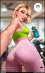  1girl absurdres aroma_sensei artist_name ass blonde_hair blue_eyes blurry blurry_background bottle breasts cleavage commentary depth_of_field english_commentary english_text eyebrow_piercing eyelashes from_behind green_sports_bra gwen_stacy gym hand_up heart highres holding holding_bottle leggings lips looking_at_viewer looking_back marvel medium_breasts musical_note open_mouth outstretched_arm piercing pink_legwear plastic_bottle selfie short_hair smile solo speech_bubble spider-man_(series) sports_bra standing teeth upper_teeth web_address 