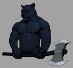  anthro axe black_body black_fur breasts felid fffffolder fur hi_res humanoid_genitalia kemono male mammal melee_weapon moobs muscular muscular_male navel nipples nude pantherine pubes scar simple_background solo tongue tongue_out weapon 