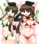  bamboo bikini bow bowtie breasts brown_hair capelet commentary_request detached_sleeves green_bikini green_eyes green_hair hat large_breasts nishida_satono purple_bikini purple_eyes red_bow red_bowtie short_hair short_hair_with_long_locks small_breasts swimsuit tate_eboshi teireida_mai touhou white_capelet yellow_bow yellow_bowtie zetsumame 