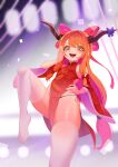  1girl alternate_costume bangs blush breasts china_dress chinese_clothes dress foot_out_of_frame hand_on_hip highres horns ibuki_suika leg_up long_hair looking_at_viewer oni oni_horns orange_eyes orange_hair pelvic_curtain recare red_dress shiny shiny_hair shiny_skin small_breasts solo standing standing_on_one_leg sweat sweatdrop thighhighs touhou white_legwear 
