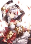  1girl absurdres armor arms_up bangs blunt_bangs blush braid breastplate breasts cleavage genshin_impact gloves hair_ornament highres maid medium_breasts noelle_(genshin_impact) parted_lips sazanka short_hair solo vambraces yellow_eyes 