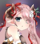  1girl :o bangs black_dress blush braid brown_horns christmas commentary_request demon_horns detached_sleeves draph dress eyes_visible_through_hair fur-trimmed_dress fur-trimmed_sleeves fur_trim granblue_fantasy hair_over_one_eye heart heart-shaped_pupils holly horn_ornament horn_ribbon horns long_hair looking_at_viewer mashimaro_tabetai narmaya_(granblue_fantasy) parted_lips pink_hair pointy_ears portrait ribbon sleeveless sleeveless_dress snowman_hair_ornament solo swept_bangs symbol-shaped_pupils 