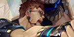  1boy bara earpiece fingerless_gloves glasses gloves highres male_focus mature_male muscular muscular_male my_eight open_mouth original pointing police police_uniform policeman scar scar_on_cheek scar_on_face solo sunglasses uniform 