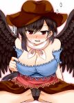  1girl bangs black_panties blue_shirt breasts breath brown_hair brown_headwear brown_skirt brown_wings cameltoe cleavage commentary_request cowboy_hat detached_sleeves eyebrows_visible_through_hair feathered_wings hair_between_eyes hat horse_girl kurokoma_saki large_breasts medium_hair off_shoulder open_mouth panties shirt short_sleeves simple_background skirt solo swept_bangs touhou underwear white_background wings zetsumame 