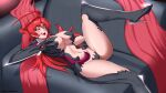  1girl ahoge amaha_masane ass black_sclera bodysuit breast_grab breasts cameltoe colored_sclera couch ecchiboy grabbing high_heels highres large_breasts light_blush long_hair looking_at_viewer lying navel on_back red_hair solo witchblade yellow_eyes 