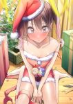  1girl absurdres bare_legs barefoot blurry blurry_foreground blush brown_eyes brown_hair character_doll christmas christmas_tree confetti embarrassed gradient_hair hat highres indoors looking_at_viewer multicolored_hair original pink_hair rinku_(rin9) santa_costume santa_hat sitting solo spaghetti_strap strap_slip twintails two-tone_hair wariza 