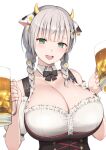  1girl alcohol animal_ears bangs beer beer_mug blush braid breasts cleavage cow_ears cow_horns cup diisuke dirndl ear_tag fake_animal_ears fake_horns german_clothes green_eyes hands_up holding holding_cup hololive horns large_breasts looking_at_viewer medium_hair mug official_alternate_costume open_mouth shirogane_noel silver_hair simple_background smile solo twin_braids virtual_youtuber white_background 
