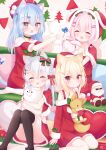  4girls absurdres animal_ears asahi_nano_(cafe_omusubiya) black_legwear blonde_hair blue_eyes blue_hair cafe_omusubiya christmas hair_ornament hanaga_saku highres isoroku_(isrk) long_hair looking_at_viewer multiple_girls open_mouth pink_hair rabbit_ears red_eyes santa_costume santa_dress short_hair silver_hair skirt smile stuffed_toy tail tukimiya_ran virtual_youtuber yukino_koromo 