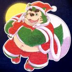  2021 anthro belly black_nose bottomwear bulge canid canine canis christmas christmas_clothing christmas_headwear clothing domestic_dog fur green_body green_fur hat headgear headwear hi_res holidays k_gutless kemono lifewonders live-a-hero male mammal mokdai navel one_eye_closed overweight overweight_male santa_hat shorts solo video_games wink 