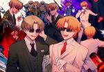  bangs black_necktie blonde_hair c8hiino2 closed_mouth fate/grand_order fate_(series) formal gloves highres long_sleeves male_focus maxwell&#039;s_demon_(fate) necktie red_necktie shirt short_hair smile suit sunglasses upper_body waistcoat 