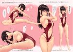 1girl akagi_(kancolle) armpits arms_behind_head arms_up ass bangs bare_arms bare_legs bare_shoulders barefoot black_hair blush breasts brown_eyes brown_hair center_opening cleavage closed_mouth clothing_cutout covered_nipples cowboy_shot eyebrows_visible_through_hair full_body hair_between_eyes hand_in_hair highleg highleg_swimsuit highres holding holding_hair inverted_nipples kantai_collection large_breasts legs long_hair looking_at_viewer medium_breasts multiple_views navel navel_cutout nipples one-piece_swimsuit one_breast_out open_mouth red_swimsuit shiny shiny_hair sideboob sidelocks sitting smile standing stomach straight_hair swimsuit toes translation_request trembling wa_(genryusui) 
