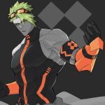  1boy absurdres achilles_(fate) bara covered_abs fate/grand_order fate_(series) gloves green_hair haruakira highres large_pectorals long_hair male_focus mature_male muscular muscular_male open_mouth orange_eyes pectorals sidepec solo upper_body 