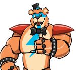  2021 absurd_res animatronic anthro big_muscles bow_tie bracelet clothing darknaigart ear_piercing ear_ring eyebrows facial_markings five_nights_at_freddy&#039;s five_nights_at_freddy&#039;s:_security_breach fur gesture glamrock_freddy_(fnaf) half-length_portrait hat head_markings headgear headwear hi_res jewelry looking_at_viewer machine male mammal markings muscular muscular_anthro muscular_male open_mouth open_smile piercing portrait robot scottgames shoulder_pads simple_background smile solo spiked_bracelet spikes standing teeth thumbs_up tongue top_hat tuft ursid video_games white_background 