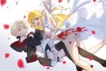  2girls ahoge alternate_costume apron artoria_pendragon_(fate) ass bikini blonde_hair blurry bokeh braid breasts cleavage depth_of_field dutch_angle enmaided fate/grand_order fate_(series) french_braid garters green_eyes hair_intakes long_hair looking_at_viewer maid maid_apron maid_headdress medium_breasts multiple_girls nero_claudius_(fate) nero_claudius_(swimsuit_caster)_(fate) petals red_ribbon ribbon saber_alter side-tie_bikini smile striped striped_bikini swimsuit thighhighs thighs white_background xuehua yellow_eyes 