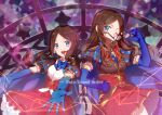  2girls :d ;d black-framed_eyewear black_bow blue_eyes blue_gloves blush bow brown_hair copyright_name dress elbow_gloves fate/grand_order fate_(series) gloves hair_bow hand_on_hip leonardo_da_vinci_(fate) long_hair multiple_girls one-eyed one_eye_closed puffy_sleeves red_dress removing_eyewear smile xuehua younger 