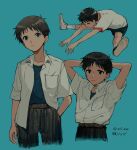  1boy arms_behind_head blue_background brown_hair dango_(uni_520) hand_in_pocket highres ikari_shinji looking_at_viewer neon_genesis_evangelion shirt short_hair socks solo stretch stretched_limb white_shirt 